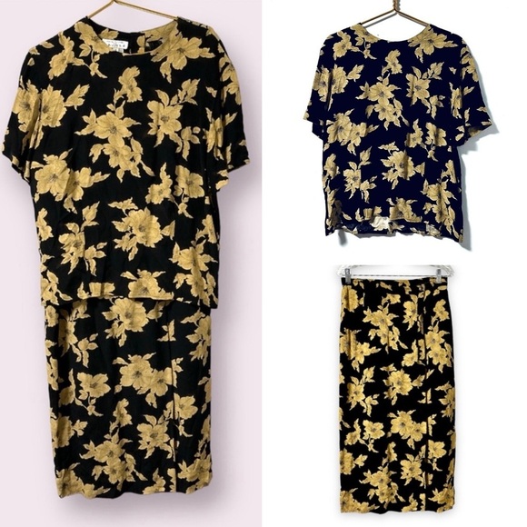 Rena Rowan Dresses & Skirts - Vintage 80s/90s Rena Rowan Dark Floral Top Maxi Skirt Set Women’s Size 10 Retro